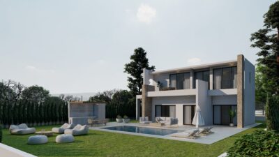 Elewacja willi z nowoczesną architekturą i dużymi przeszkleniami