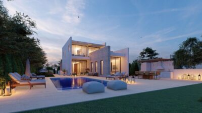 Widok z zewnątrz luksusowego kompleksu rezydencji nad morzem na Cyprze 2